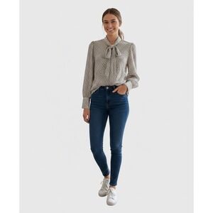 Adrianna Papell Womens Tie-Neck Button-Up Long Sleeve Geometric Tunic Blouse XS